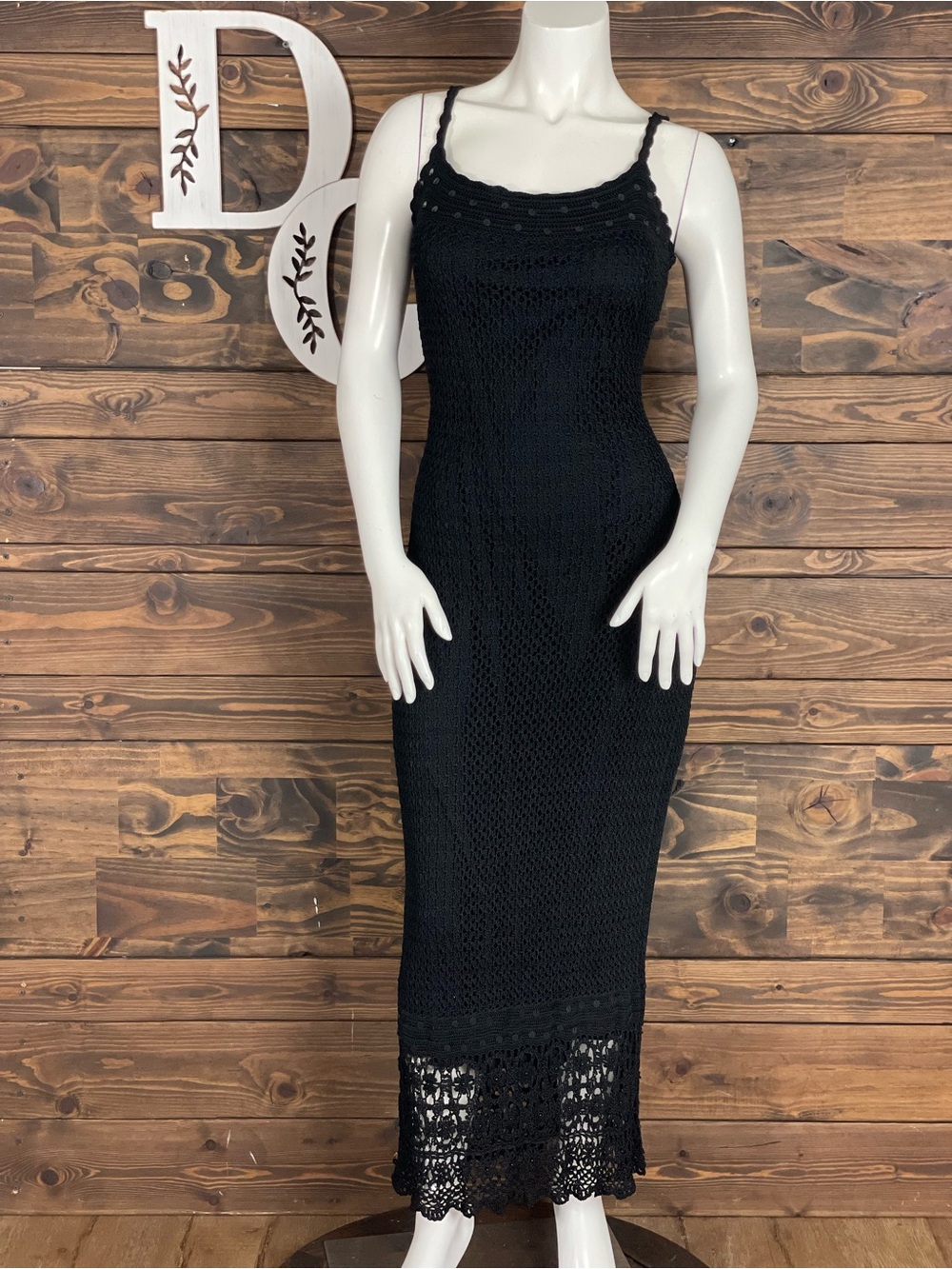 Kroshetta by Papillon | Vintage Black Crochet Knit Lace Cami Maxi Dress Sequins